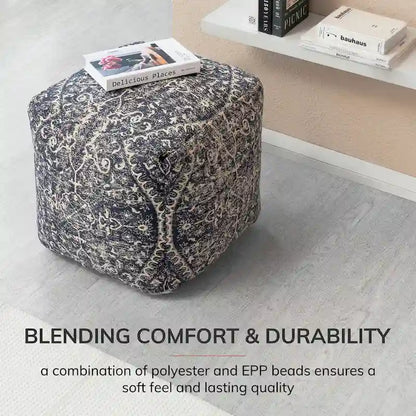 Jani Hanalei 20-inch Blue & Ivory Square Pouf Ottoman - Handmade Footrest for Living Room, Bedroom, Nursery, Kidsroom