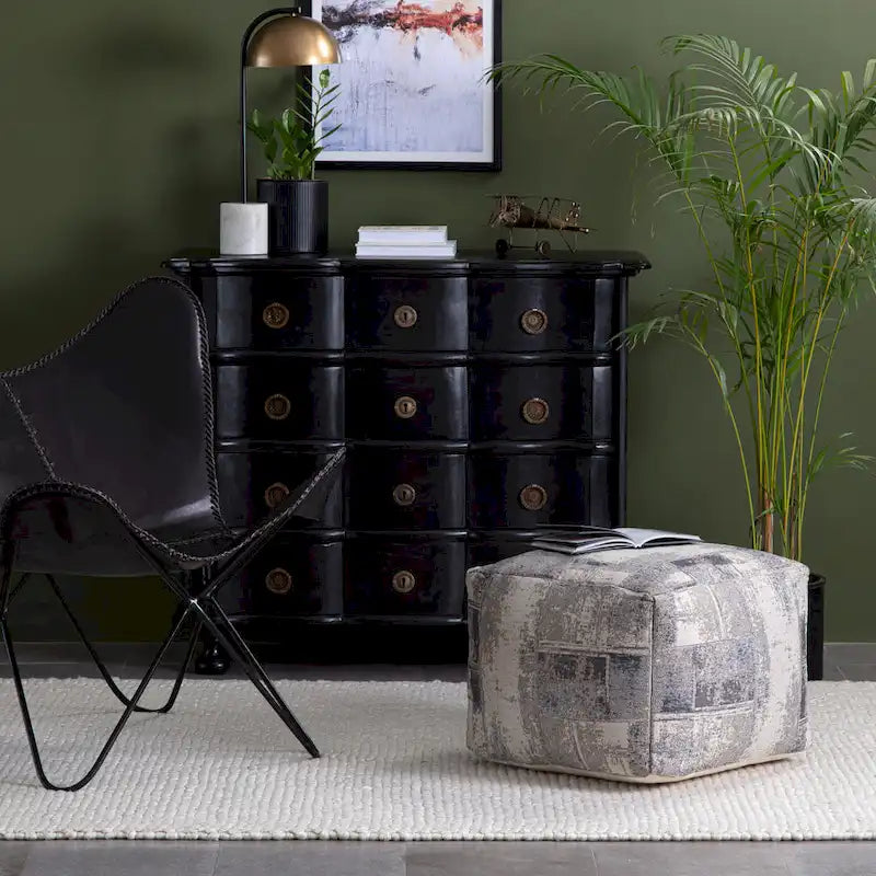 Jani Biarritz 22-inch Gray & Ivory Square Pouf Ottoman - Handmade Footrest for Living Room, Bedroom