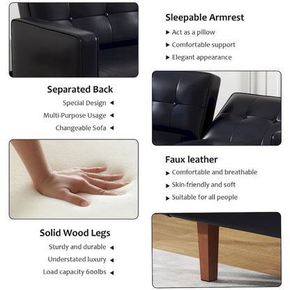 Futon Sofa Bed, Faux Leather Memory Foam Couch,Modern Convertible Love seat for Compact Living Room