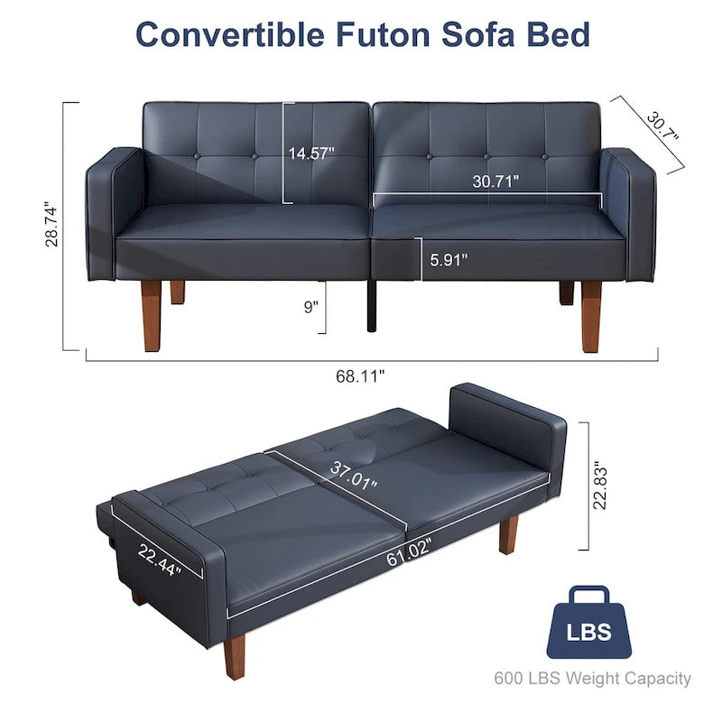 Futon Sofa Bed, Faux Leather Memory Foam Couch,Modern Convertible Love seat for Compact Living Room