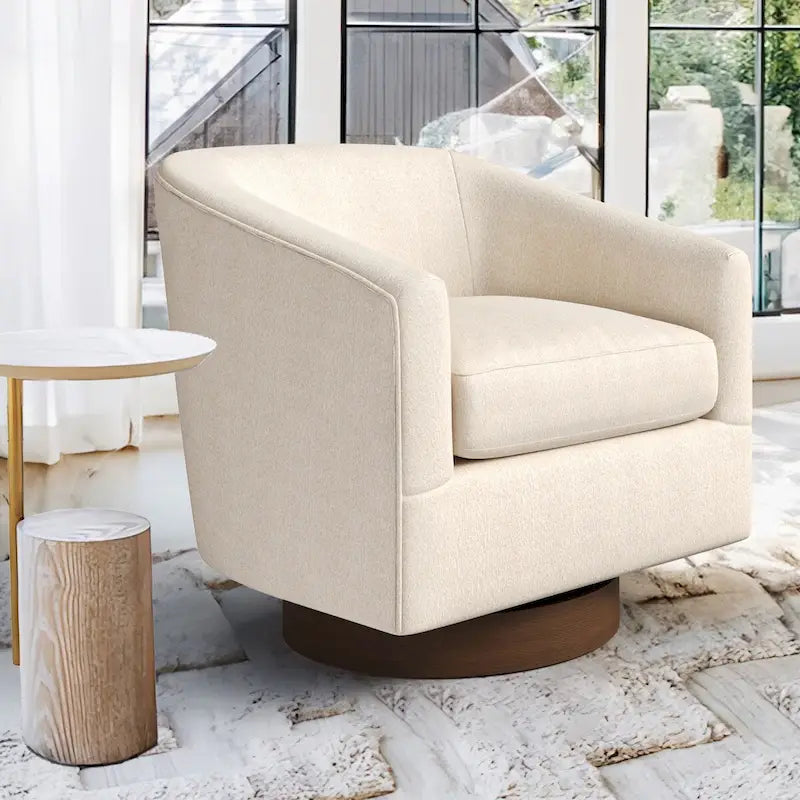 Modern Accent Chair Upholstered Fabric Living Room Swivel Barrel Armchair Wood Frame