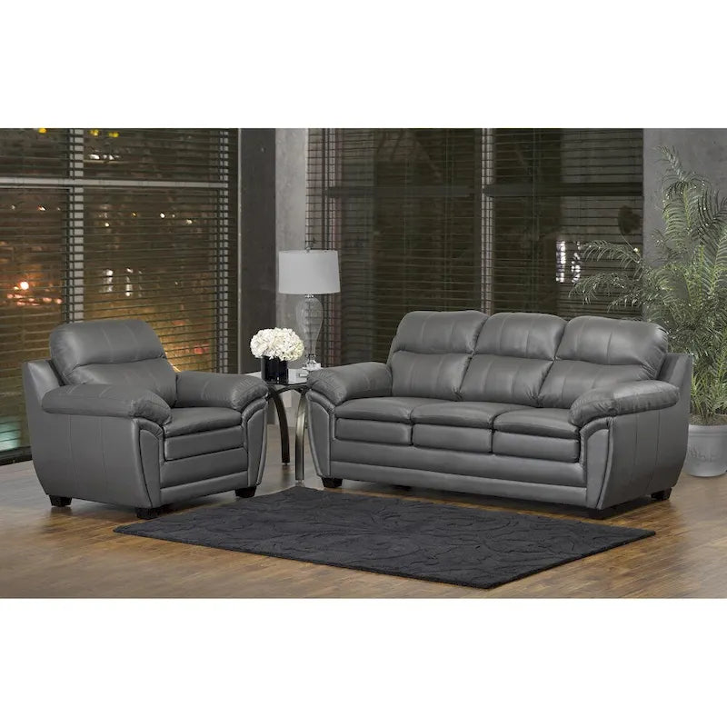 Marcus Premium Grey Top Grain Leather Sofa and Chair Set