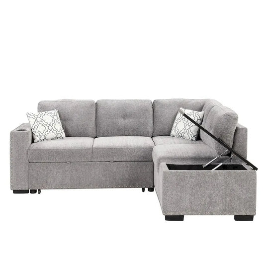 83.8-inch L-shaped Pull-Out Sectional Sofa Bed with Storage Chaise, USB Ports, Power Sockets, and Cup Holder
