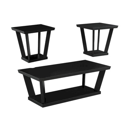 3 Piece Coffee Table Set, Angled Tapered Design, Black Rectangular Top