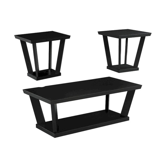 3 Piece Coffee Table Set, Angled Tapered Design, Black Rectangular Top