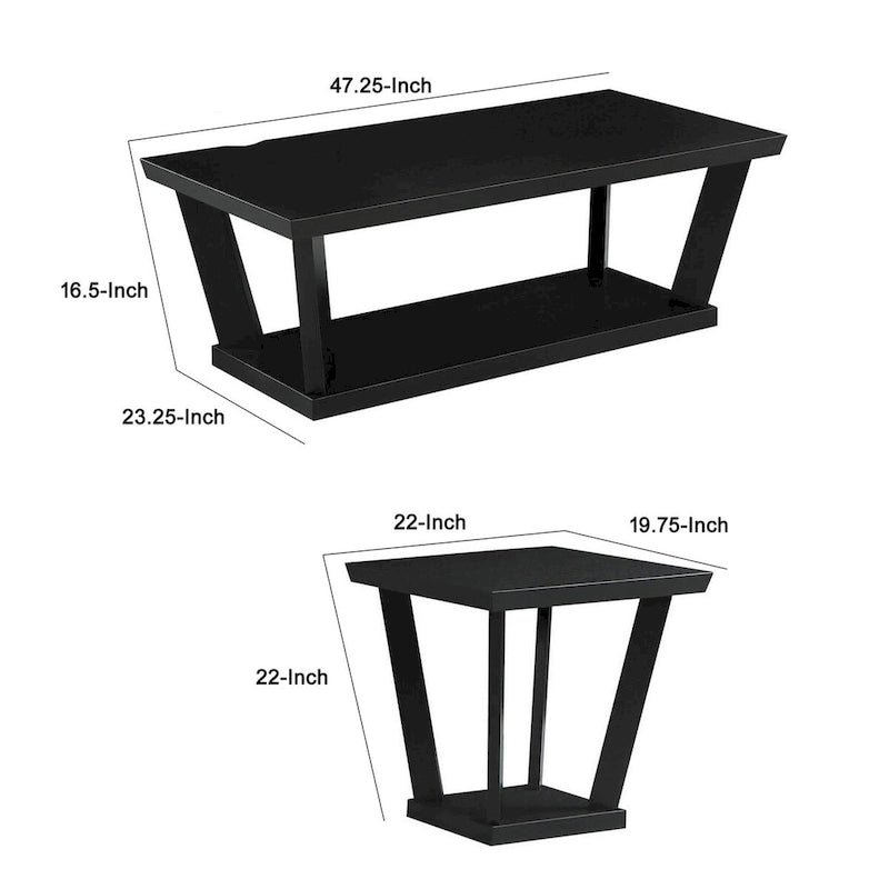 3 Piece Coffee Table Set, Angled Tapered Design, Black Rectangular Top