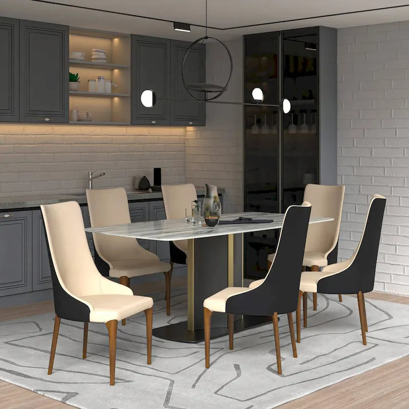 High-Back Dining Chair Upholstered in Leather with Ash Wood Legs Elm Collection