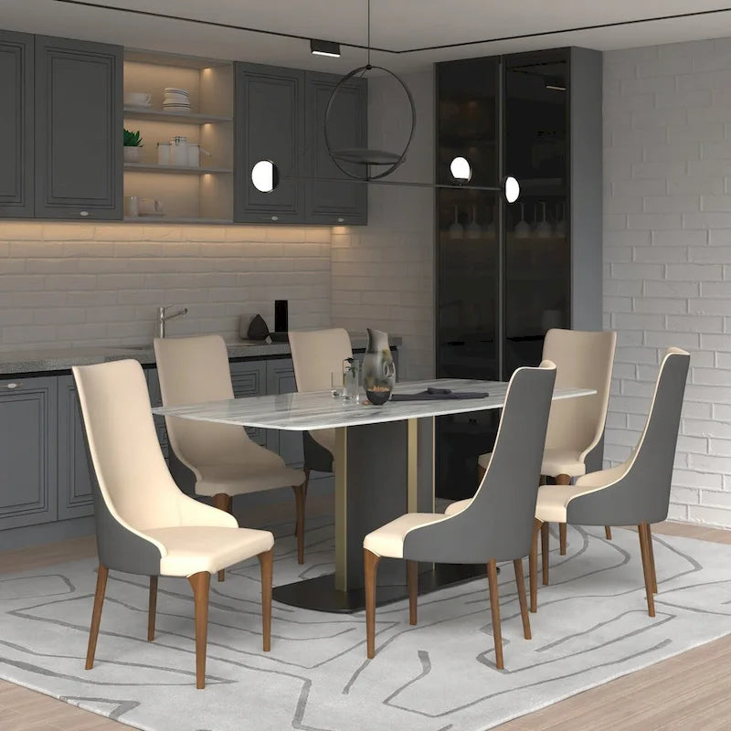 High-Back Dining Chair Upholstered in Leather with Ash Wood Legs Elm Collection