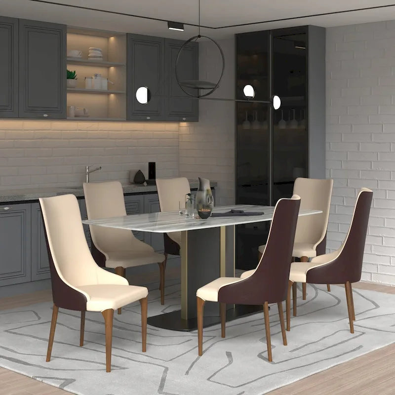 High-Back Dining Chair Upholstered in Leather with Ash Wood Legs Elm Collection