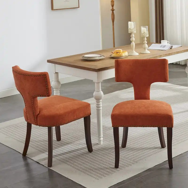 Dining Chairs Set of 2,Linen Fabric Upholstered Chair Curved Backrest with Copper Nails around,Chairs with Hardwood Frame