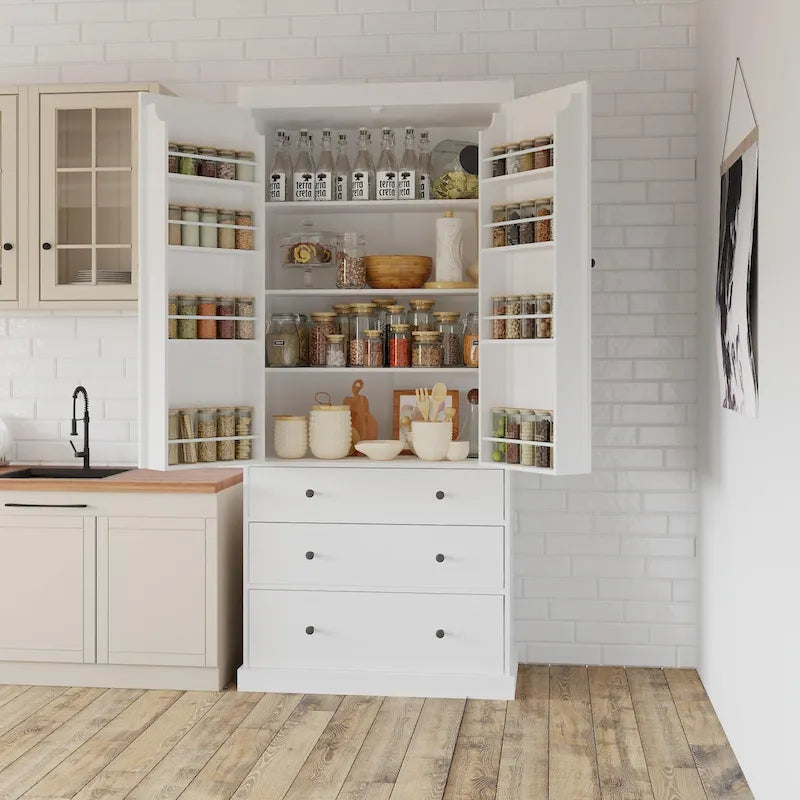 77inch Farmhouse Kitchen Pantry, Freestanding Tall Cupboard Storage Cabinet with 3 Adjustable Shelves, 8 Door Shelves, 3 Drawers