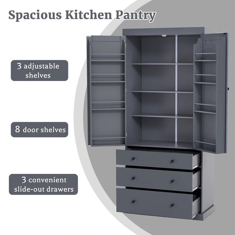 77inch Farmhouse Kitchen Pantry, Freestanding Tall Cupboard Storage Cabinet with 3 Adjustable Shelves, 8 Door Shelves, 3 Drawers