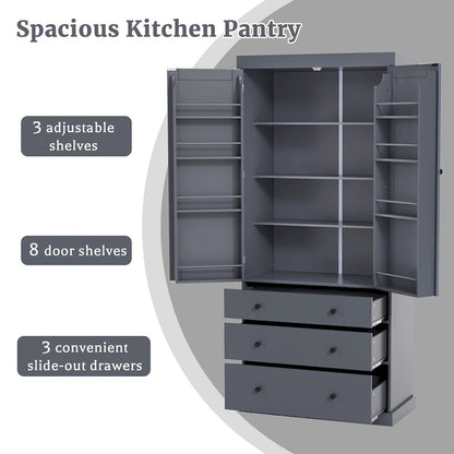 77inch Farmhouse Kitchen Pantry, Freestanding Tall Cupboard Storage Cabinet with 3 Adjustable Shelves, 8 Door Shelves, 3 Drawers