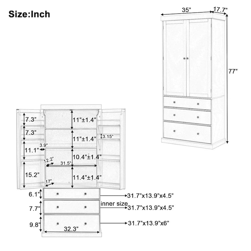 77inch Farmhouse Kitchen Pantry, Freestanding Tall Cupboard Storage Cabinet with 3 Adjustable Shelves, 8 Door Shelves, 3 Drawers