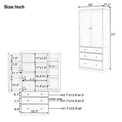 77inch Farmhouse Kitchen Pantry, Freestanding Tall Cupboard Storage Cabinet with 3 Adjustable Shelves, 8 Door Shelves, 3 Drawers