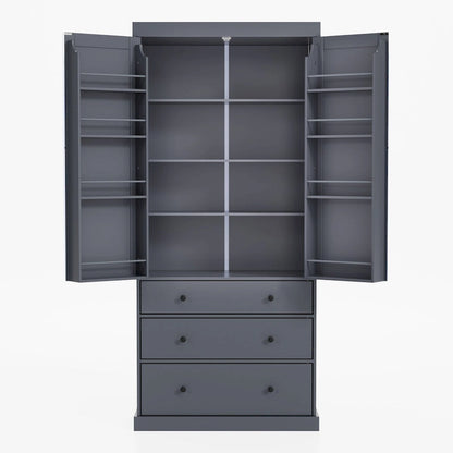 77inch Farmhouse Kitchen Pantry, Freestanding Tall Cupboard Storage Cabinet with 3 Adjustable Shelves, 8 Door Shelves, 3 Drawers