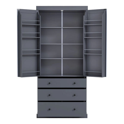 77inch Farmhouse Kitchen Pantry, Freestanding Tall Cupboard Storage Cabinet with 3 Adjustable Shelves, 8 Door Shelves, 3 Drawers