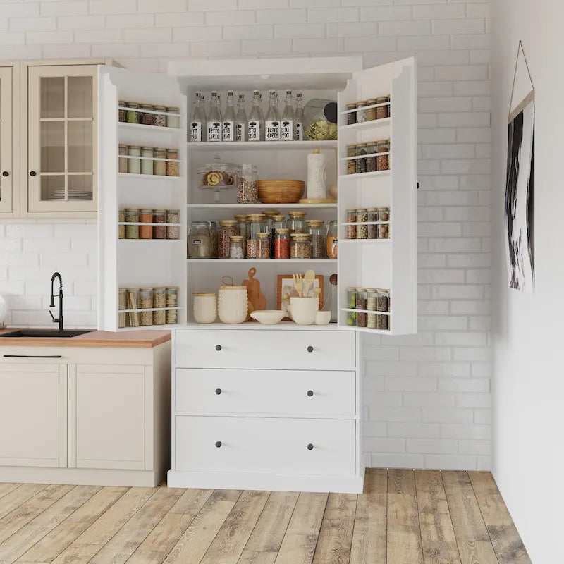77inch Farmhouse Kitchen Pantry, Freestanding Tall Cupboard Storage Cabinet with 3 Adjustable Shelves, 8 Door Shelves, 3 Drawers