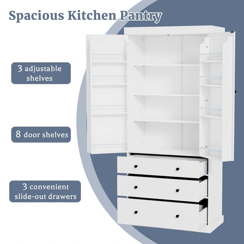 77inch Farmhouse Kitchen Pantry, Freestanding Tall Cupboard Storage Cabinet with 3 Adjustable Shelves, 8 Door Shelves, 3 Drawers