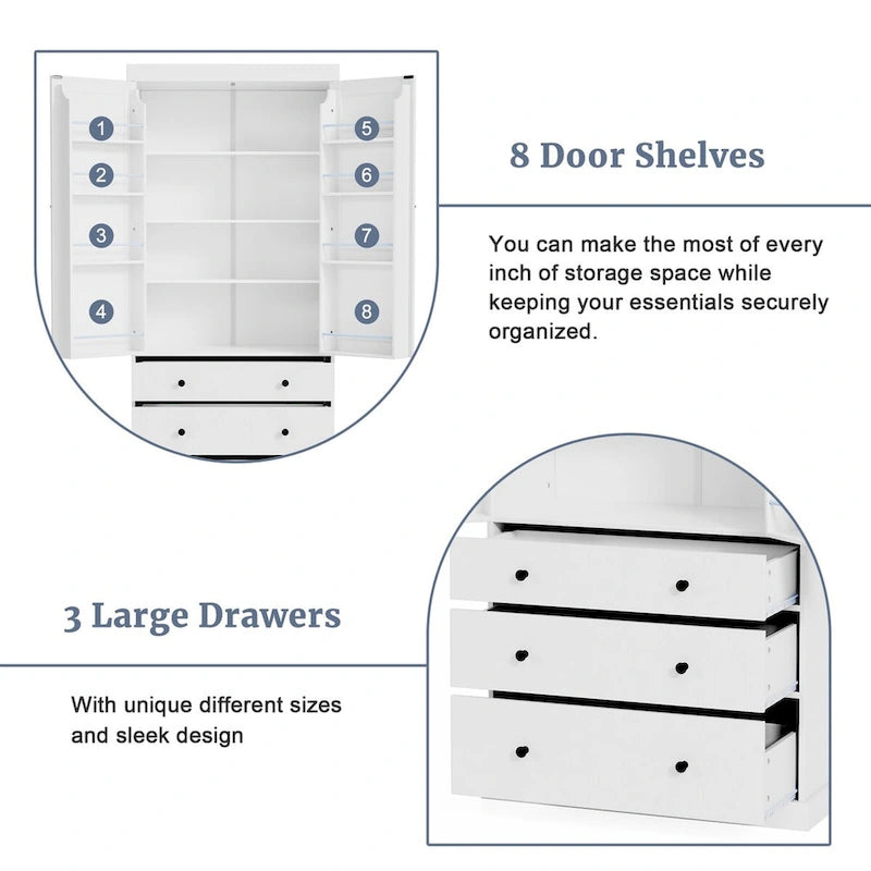 77inch Farmhouse Kitchen Pantry, Freestanding Tall Cupboard Storage Cabinet with 3 Adjustable Shelves, 8 Door Shelves, 3 Drawers