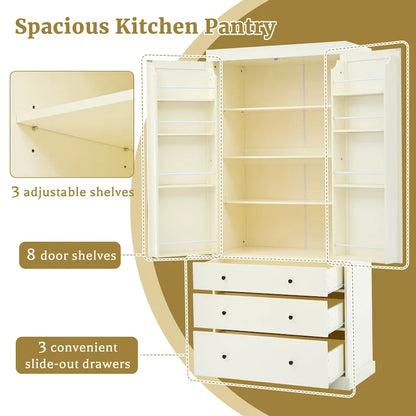 77inch Farmhouse Kitchen Pantry, Freestanding Tall Cupboard Storage Cabinet with 3 Adjustable Shelves, 8 Door Shelves, 3 Drawers