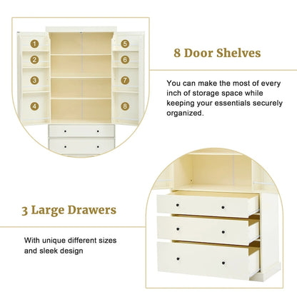 77inch Farmhouse Kitchen Pantry, Freestanding Tall Cupboard Storage Cabinet with 3 Adjustable Shelves, 8 Door Shelves, 3 Drawers