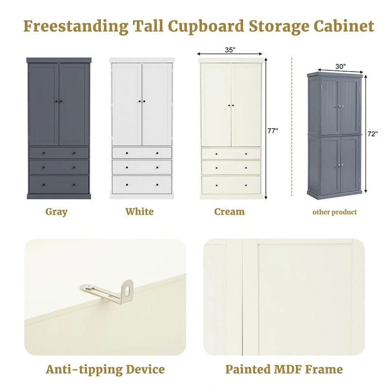 77inch Farmhouse Kitchen Pantry, Freestanding Tall Cupboard Storage Cabinet with 3 Adjustable Shelves, 8 Door Shelves, 3 Drawers