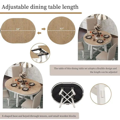 5 PCS Farmhouse Dining Table Set of 4 Chairs, Extendable