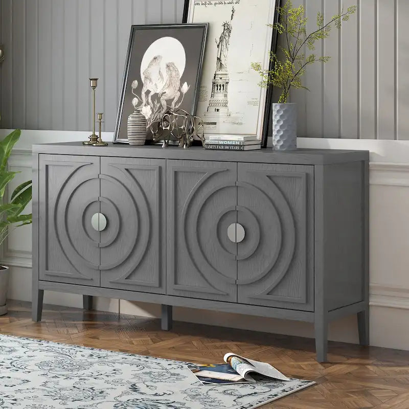 Retro Sideboard Doors with Circular Groove Design Round Metal Door Handle - 60L x 16W x 32H