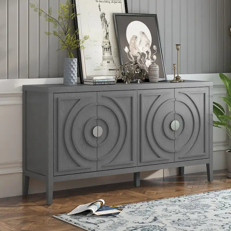 Retro Sideboard Doors with Circular Groove Design Round Metal Door Handle - 60L x 16W x 32H