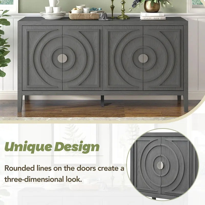 Retro Sideboard Doors with Circular Groove Design Round Metal Door Handle - 60L x 16W x 32H