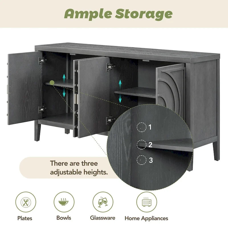 Retro Sideboard Doors with Circular Groove Design Round Metal Door Handle - 60L x 16W x 32H