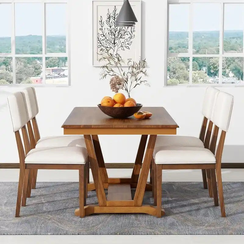 Rustic 5-piece Dining Table Set with 4 Upholstered Chairs, 59-inch Rectangular Dining Table with Trestle Table Base
