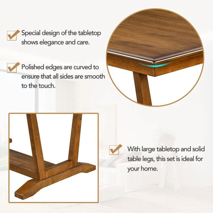 Rustic 5-piece Dining Table Set with 4 Upholstered Chairs, 59-inch Rectangular Dining Table with Trestle Table Base