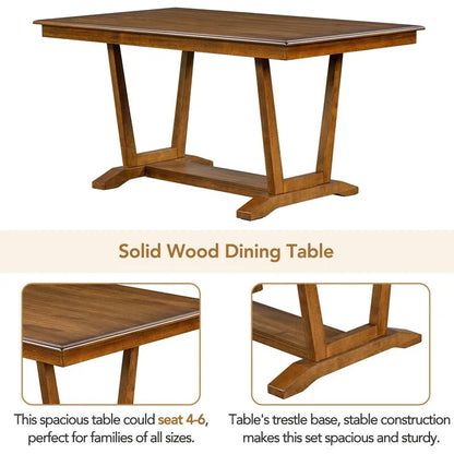 Rustic 5-piece Dining Table Set with 4 Upholstered Chairs, 59-inch Rectangular Dining Table with Trestle Table Base