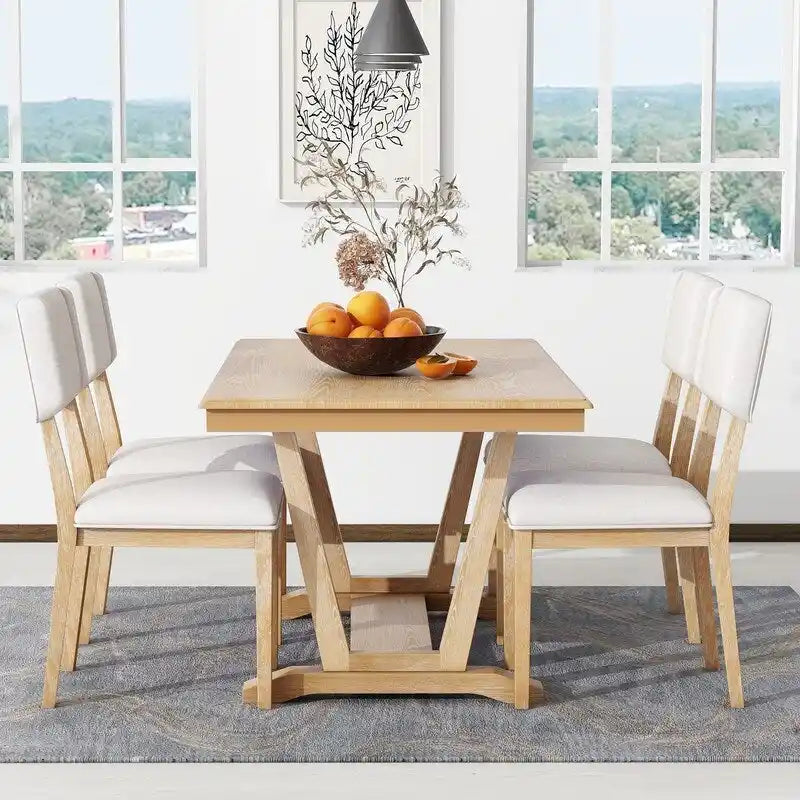 Rustic 5-piece Dining Table Set with 4 Upholstered Chairs, 59-inch Rectangular Dining Table with Trestle Table Base