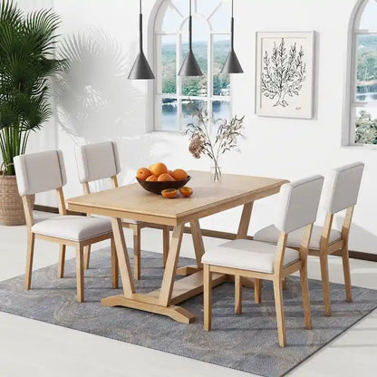 Rustic 5-piece Dining Table Set with 4 Upholstered Chairs, 59-inch Rectangular Dining Table with Trestle Table Base