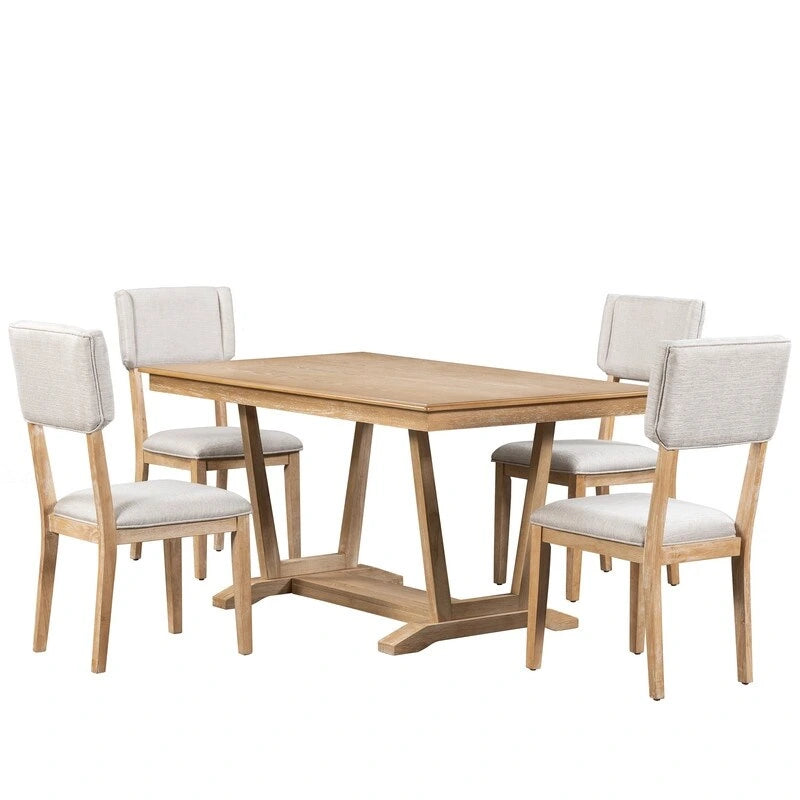 Rustic 5-piece Dining Table Set with 4 Upholstered Chairs, 59-inch Rectangular Dining Table with Trestle Table Base