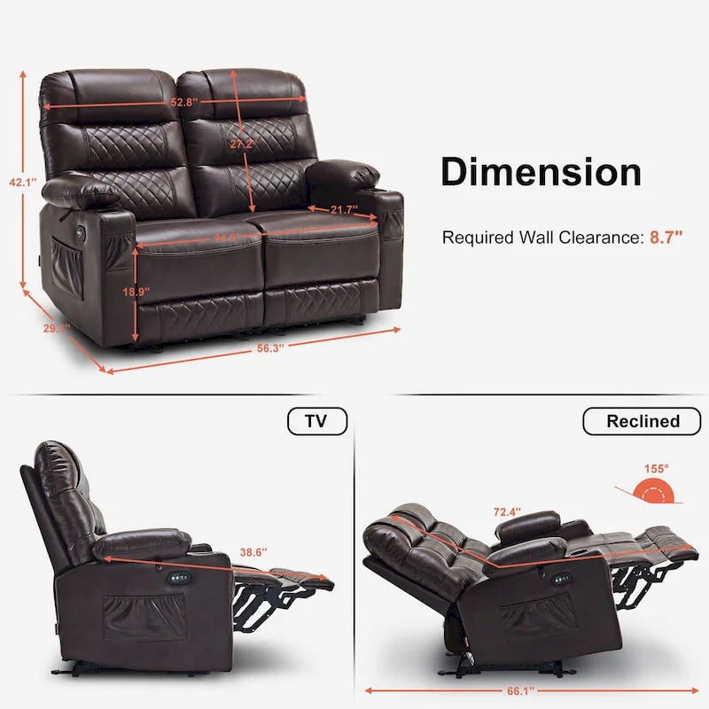 MCombo Electric Power Loveseat Recliner, Power Reclining Sofa with Heat and Vibration, USB Ports, Cup Holders PR622
