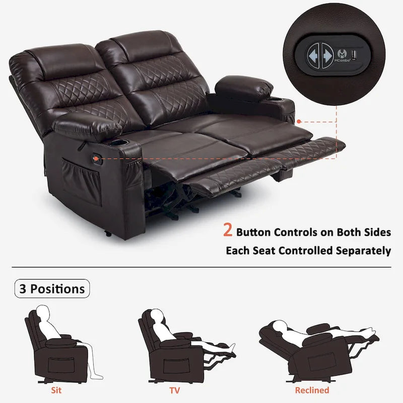 MCombo Electric Power Loveseat Recliner, Power Reclining Sofa with Heat and Vibration, USB Ports, Cup Holders PR622