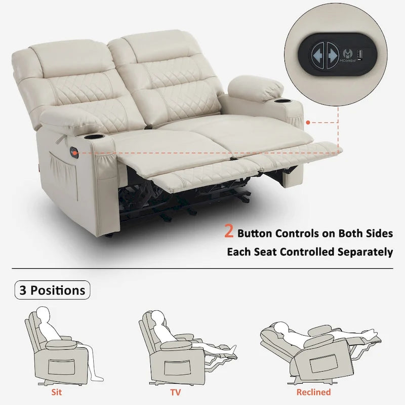 MCombo Electric Power Loveseat Recliner, Power Reclining Sofa with Heat and Vibration, USB Ports, Cup Holders PR622