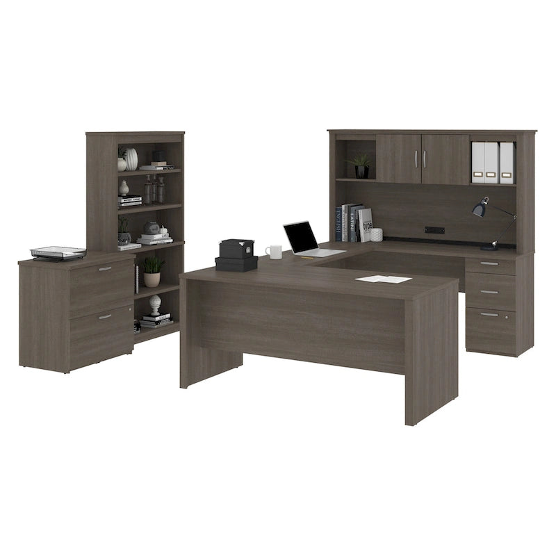 Bestar Logan 66W U-Shaped Desk with Hutch, Cabinet, and Bookcase