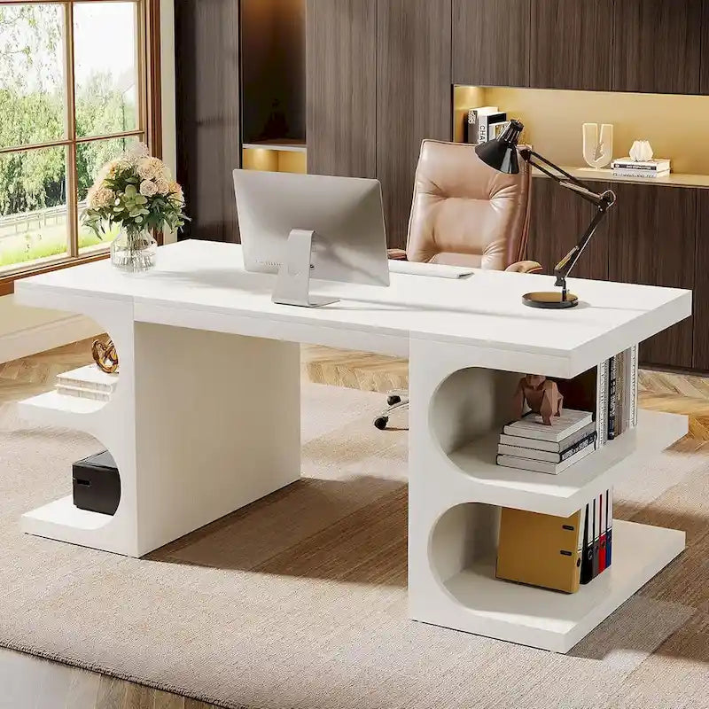 62 Inches Computer Executive Desk, Large Office Desk with Shelves Writing Desk