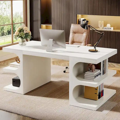 62 Inches Computer Executive Desk, Large Office Desk with Shelves Writing Desk