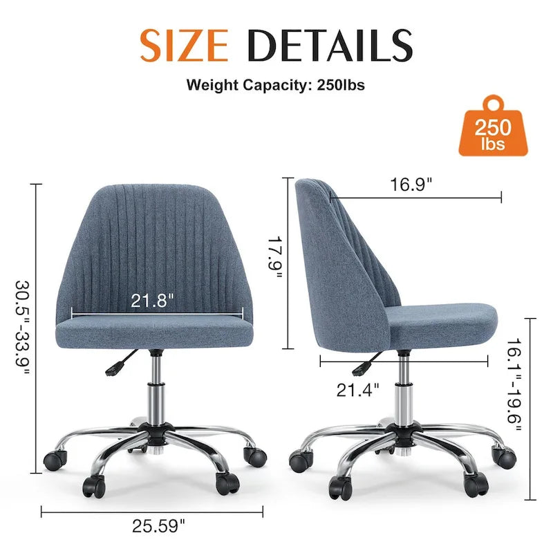 Armless Home Office Desk Chair with Wheels Adjustable Swivel Task Computer Vanity Chair for Small Spaces