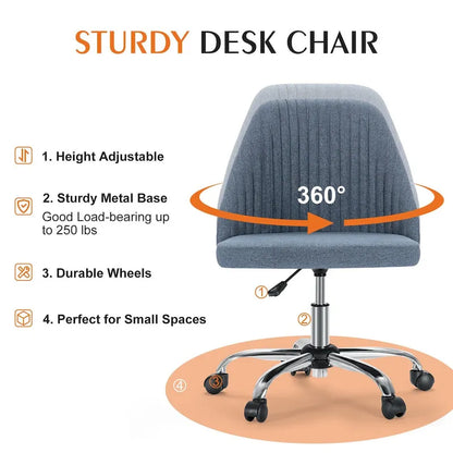 Armless Home Office Desk Chair with Wheels Adjustable Swivel Task Computer Vanity Chair for Small Spaces