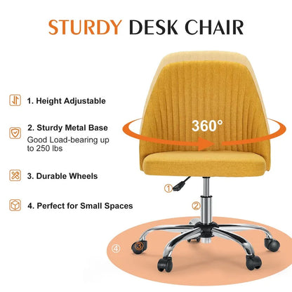 Armless Home Office Desk Chair with Wheels Adjustable Swivel Task Computer Vanity Chair for Small Spaces
