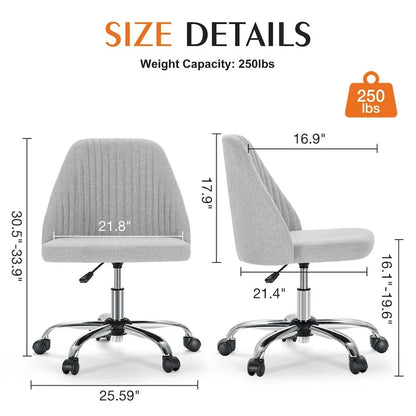 Armless Home Office Desk Chair with Wheels Adjustable Swivel Task Computer Vanity Chair for Small Spaces