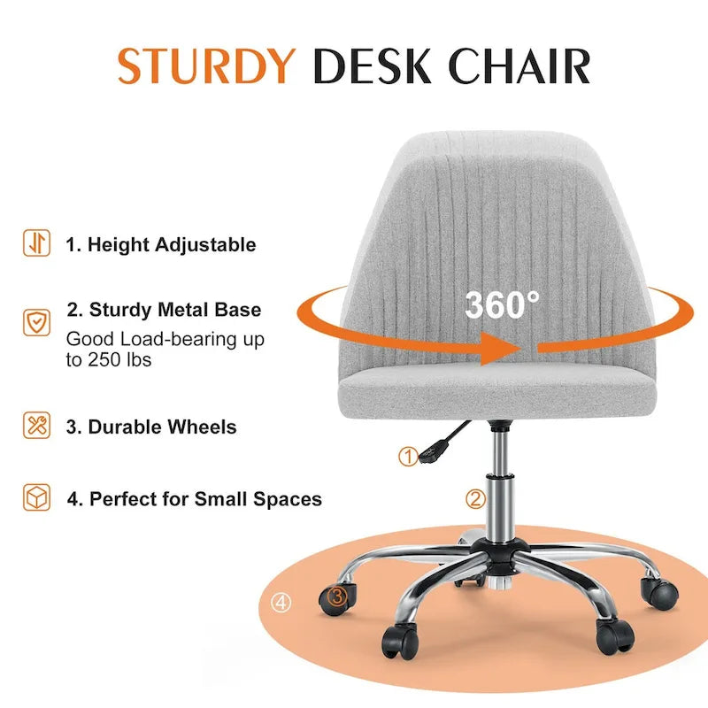 Armless Home Office Desk Chair with Wheels Adjustable Swivel Task Computer Vanity Chair for Small Spaces