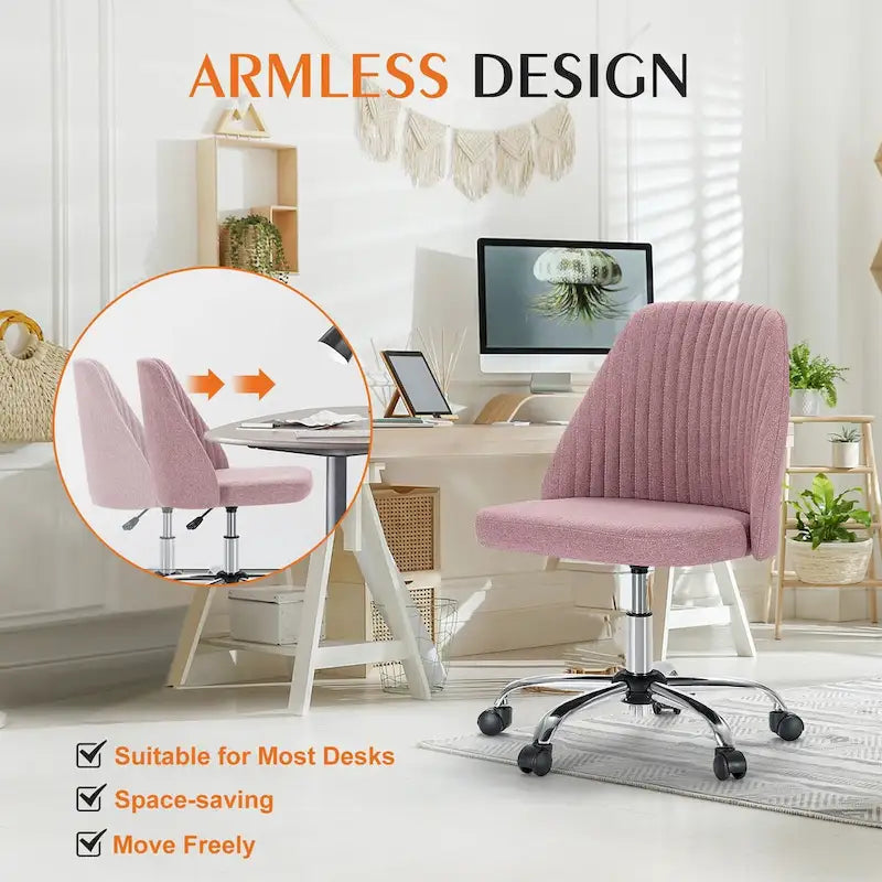 Armless Home Office Desk Chair with Wheels Adjustable Swivel Task Computer Vanity Chair for Small Spaces